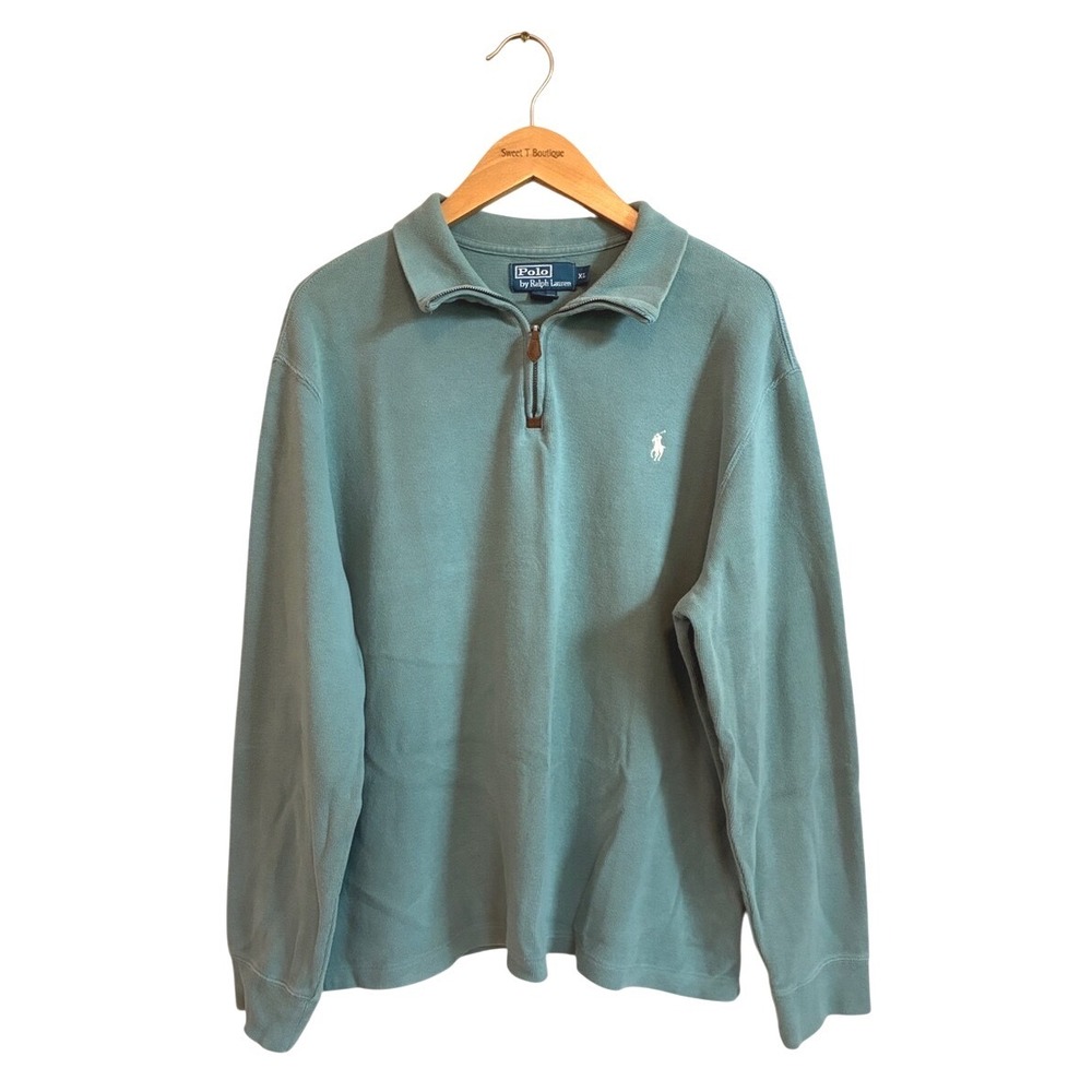 POLO RALPH LAUREN XL Sage Green 3/4 Zip Cotton Ribbed Collared Sweatshirt Preppy